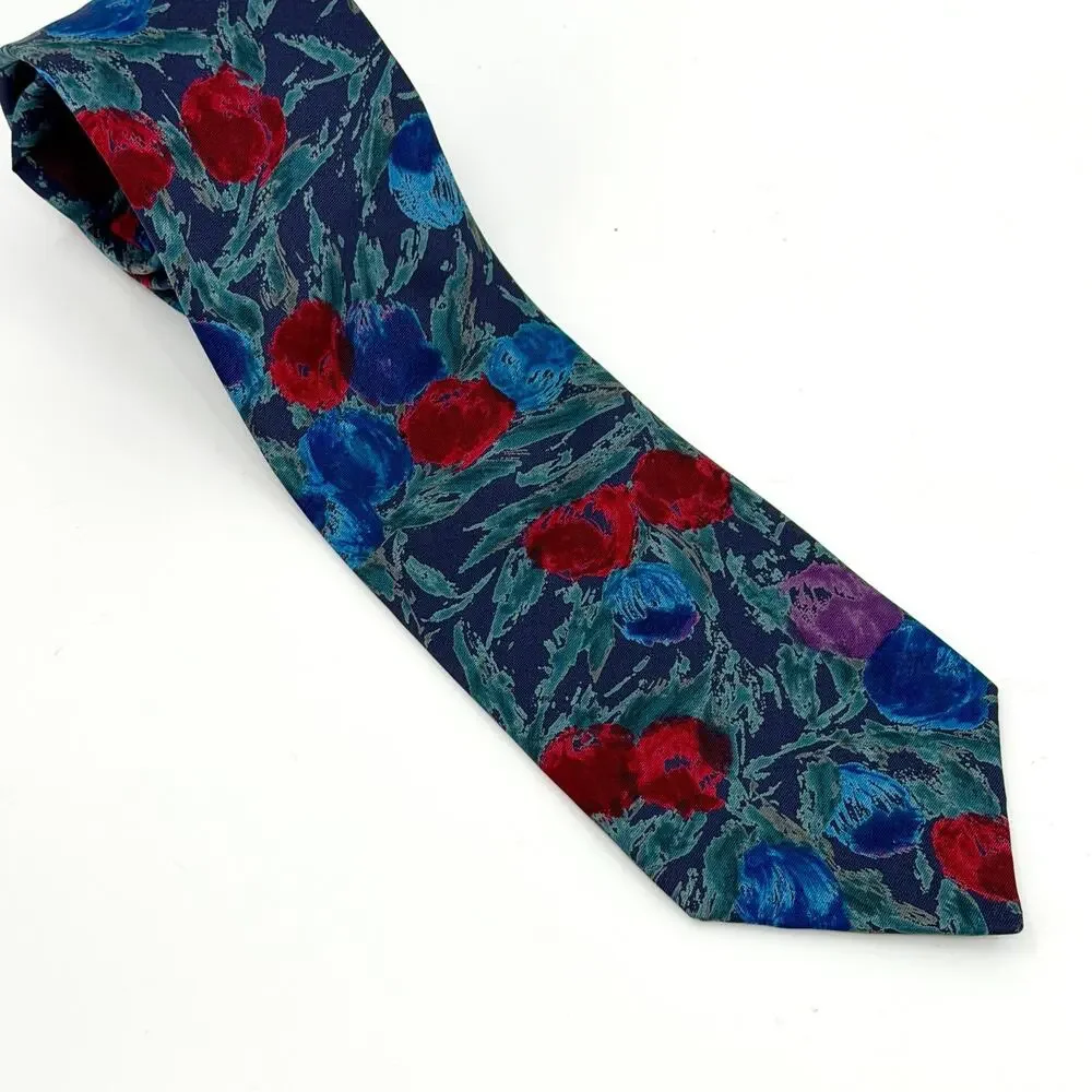 Vintage 90s Oleg Cassini Blue Red 100% Silk Floral Necktie